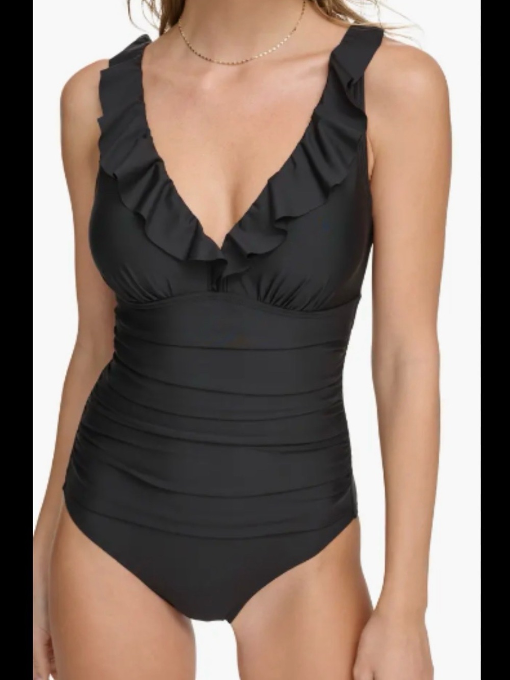 DKNY Black Ruffle V-Neck One-Piece Swimsuit - Picture 1 of 6